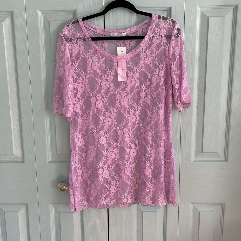 Annalee‎ + Hope Womens Purple Lace Mesh Overly Short Sleeve Top Medium